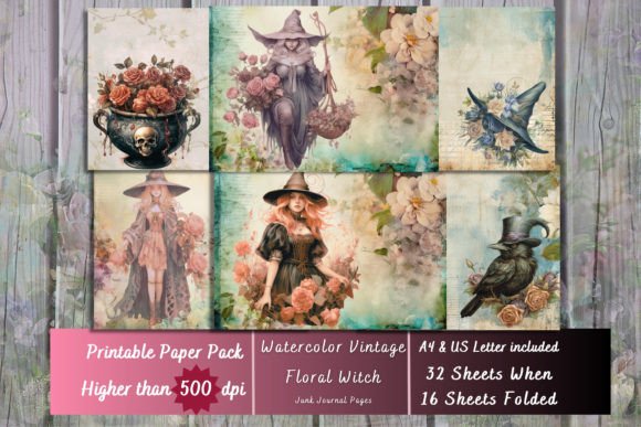 Download Vintage Floral Witch Digital Papers - Digital Collection