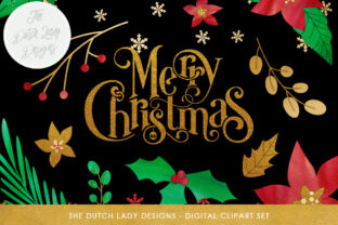 Download Christmas Floral Clipart Set - Flowers, Branches, Leafs, Text & Snowflake Confetti - Red, Green, Gold - Flower Collection