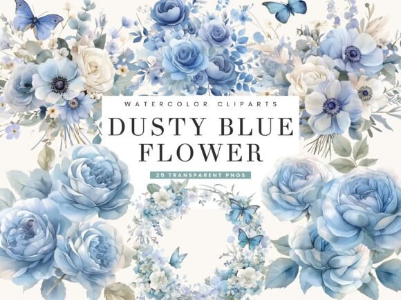 Download Dusty Blue Flower Clipart Bundle - Flower Collection
