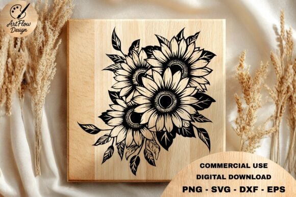 Download Sunflower Bouquet Engraving SVG - Flower Collection