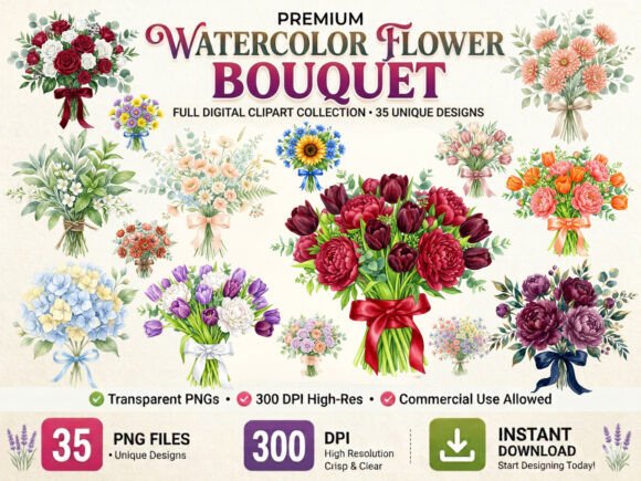 Download Watercolor Flower Bouquet Clipart Bundle - Flower Collection