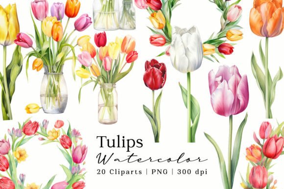 Download Tulips Flowers Watercolor Cliparts Set - Flower Collection