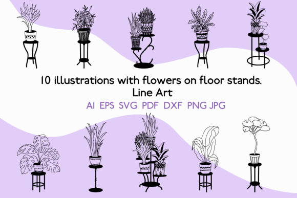 Download Potted Flowers on a Stand. Line Art - Flower Collection