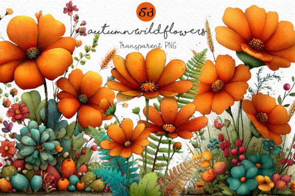 Download Whimsical Autumn Wildflowers Clipart PNG - Flower Collection