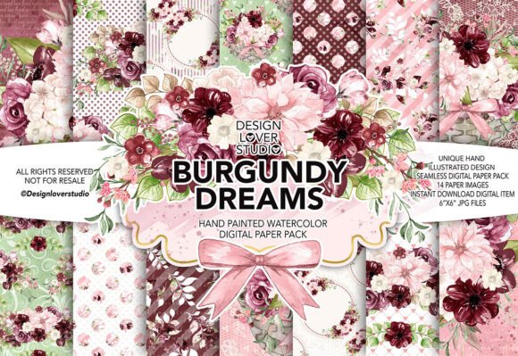 Download Watercolor BURGUNDY DREAMS Digital Paper - Digital Collection