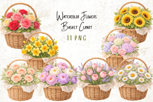 Download Watercolor Flowers Basket Clipart PNG - Flower Collection